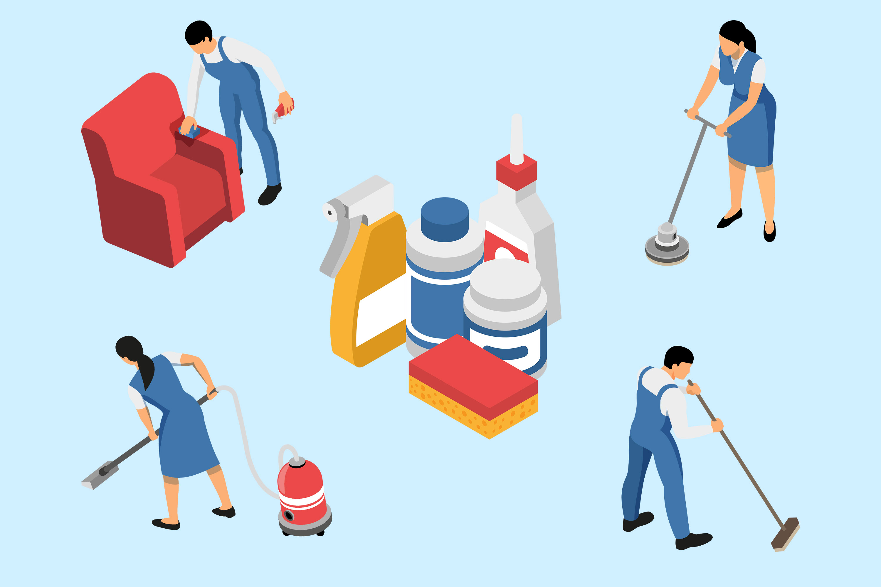 Various Professional Cleaning Services and Materials like Vacuum, Sweep, Wipe, Mop
